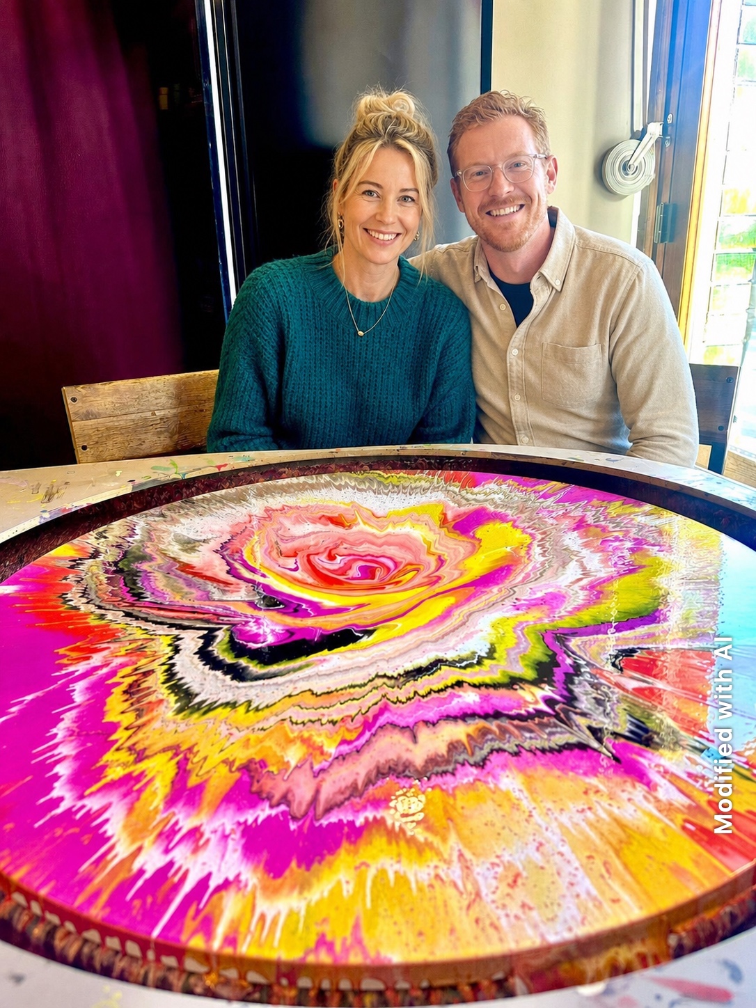 Couple with their colourful spin painting at a Brunch & Art workshop