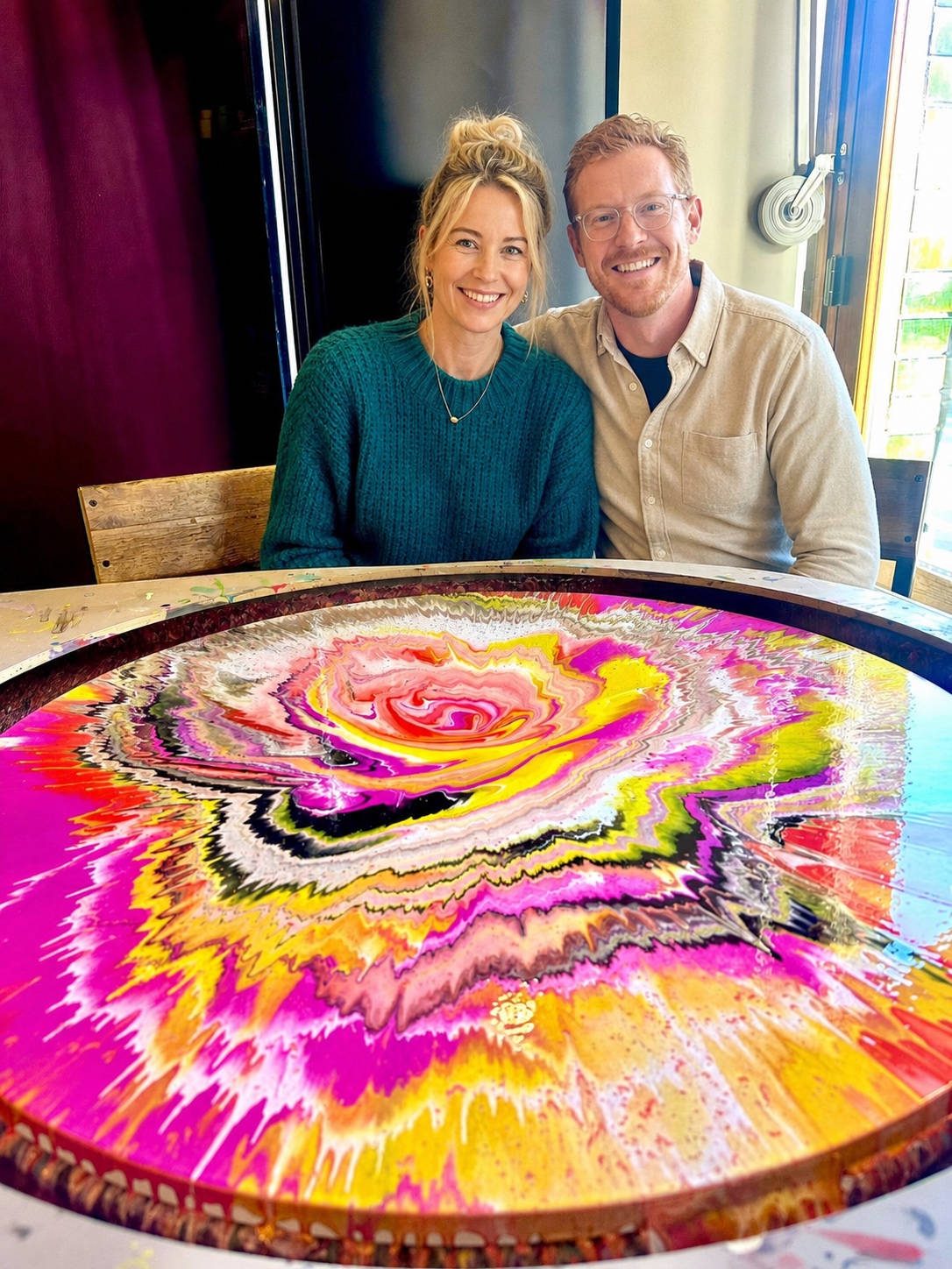 Paar mit seinem farbenfrohen Spin Painting beim Brunch & Art Workshop