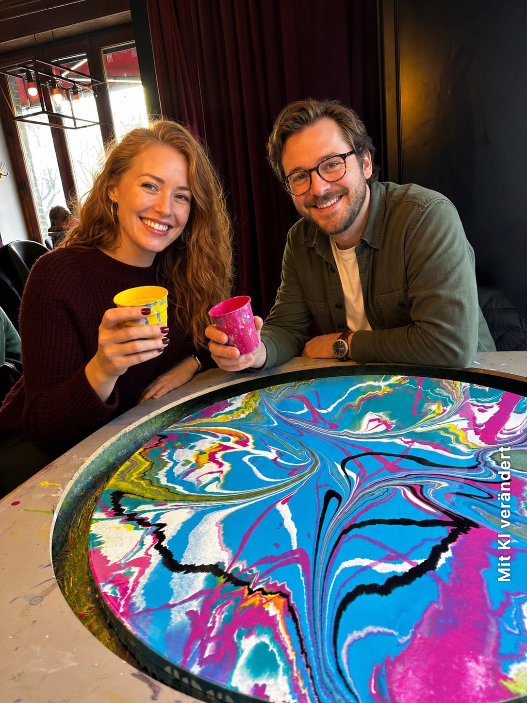 Paar mit Farbbechern und fertigem Kunstwerk beim Brunch & Art Workshop