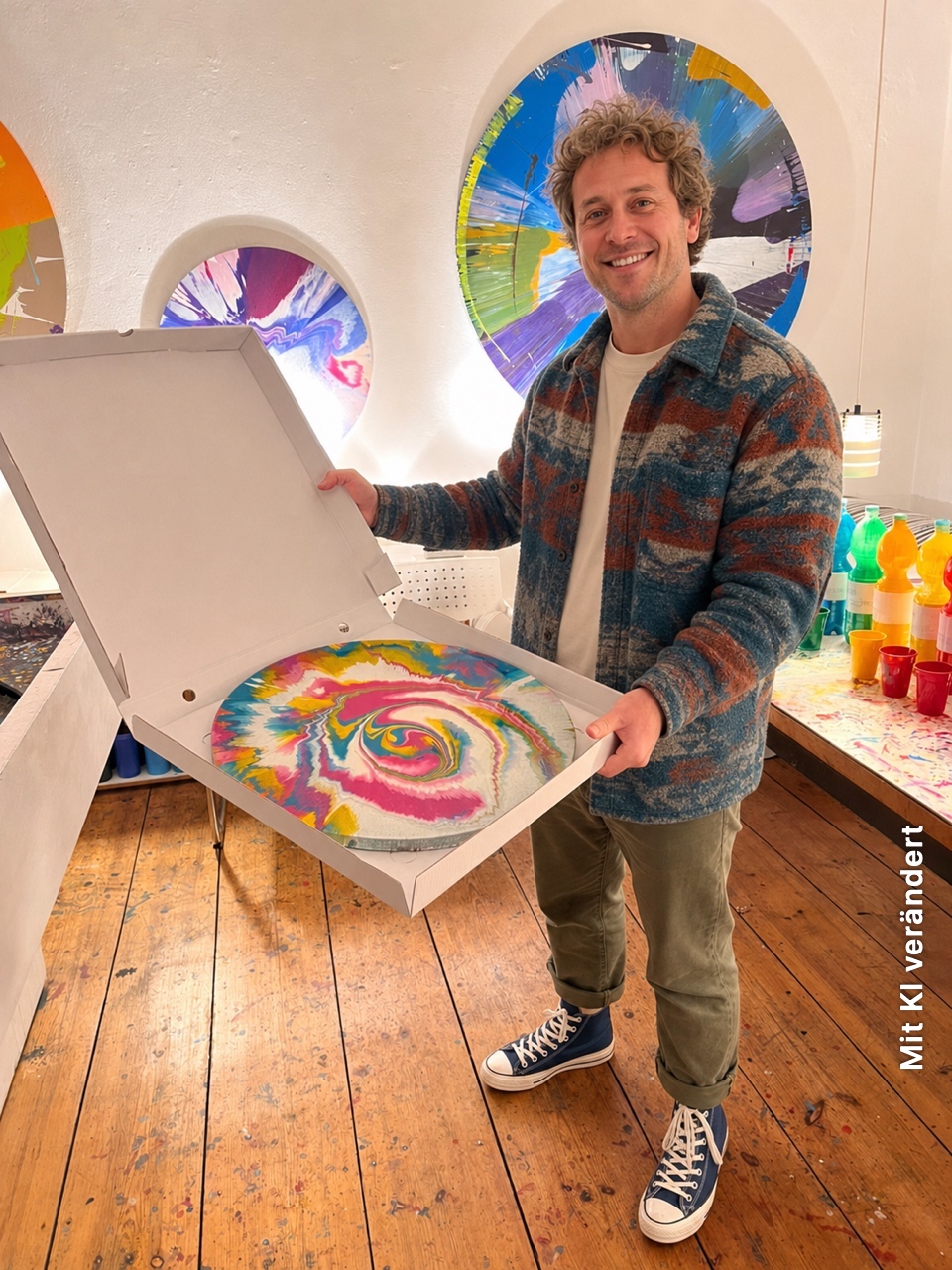 Teilnehmer präsentiert ein rundes 50-cm-Spin-Painting in einer Transportbox