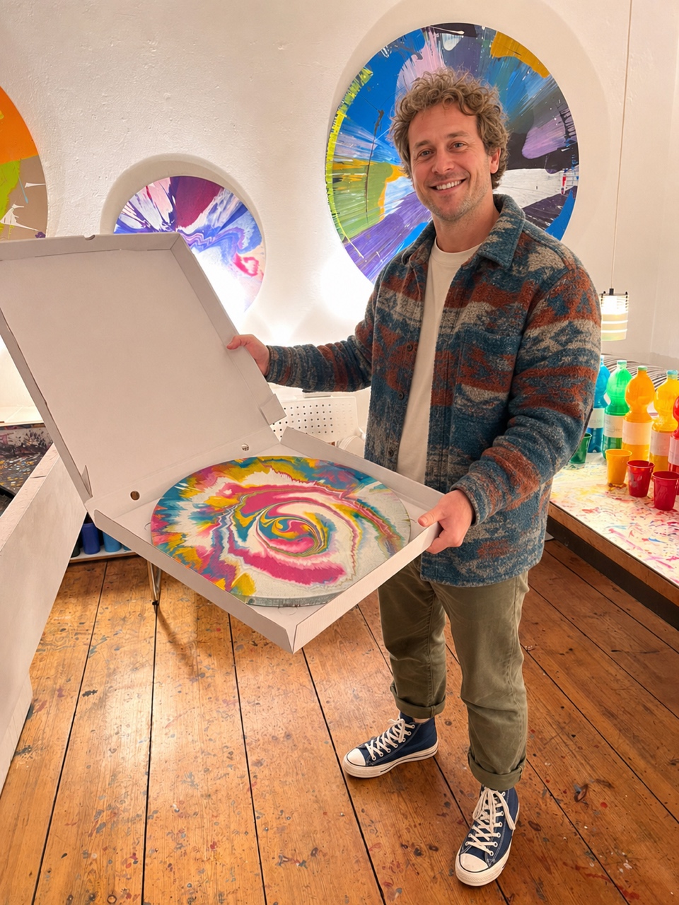 Teilnehmer präsentiert ein rundes 50-cm-Spin-Painting in einer Transportbox