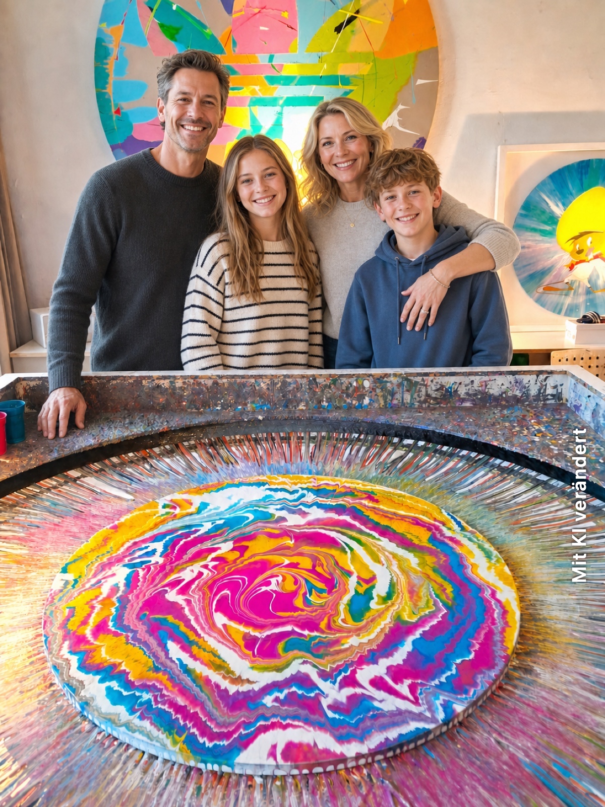 Familie präsentiert ihr farbenfrohes Spin Painting im Studio Jans Echternacht