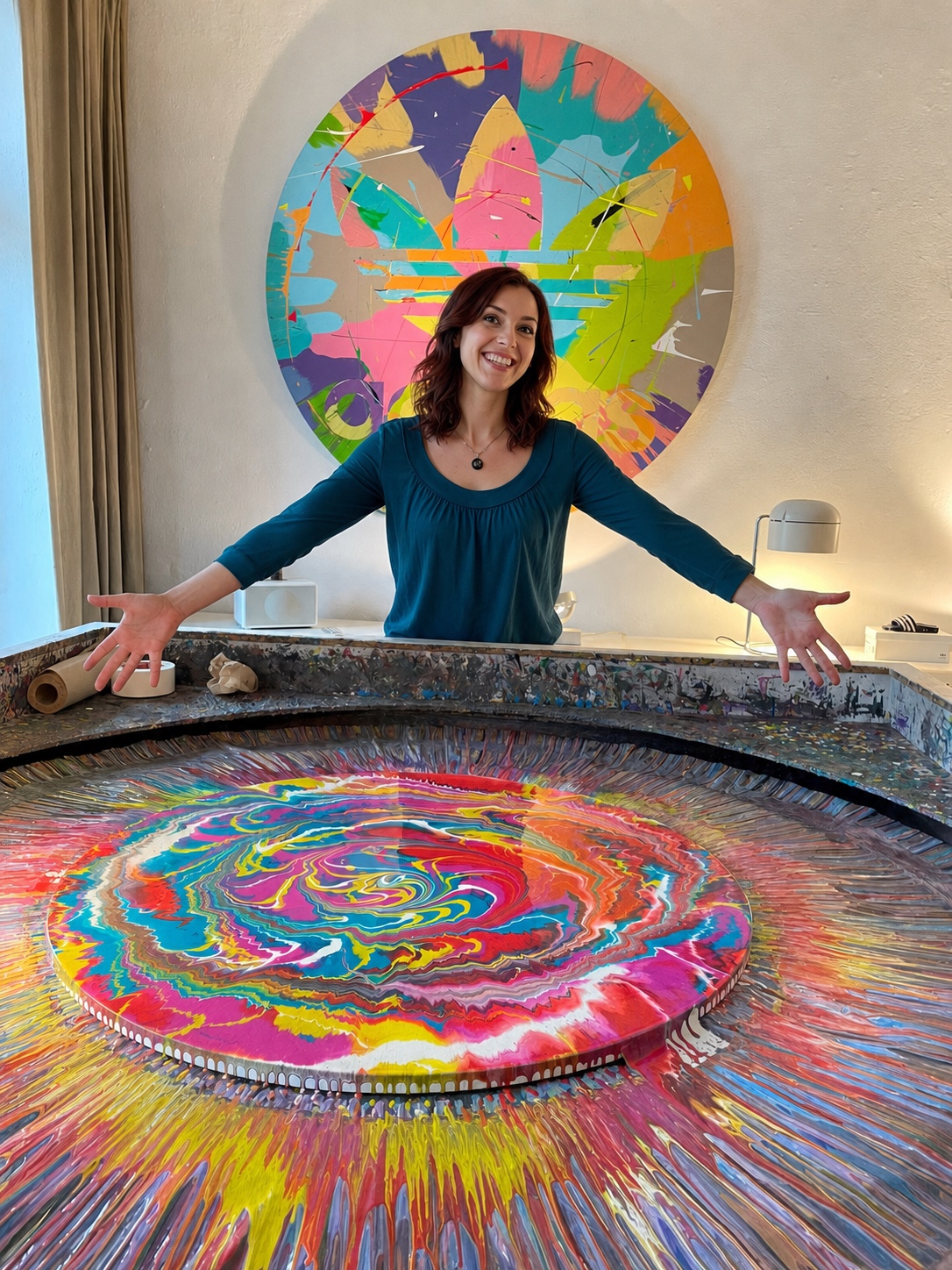 Four happy guests presenting their shared spin painting at Studio Jans Echternacht