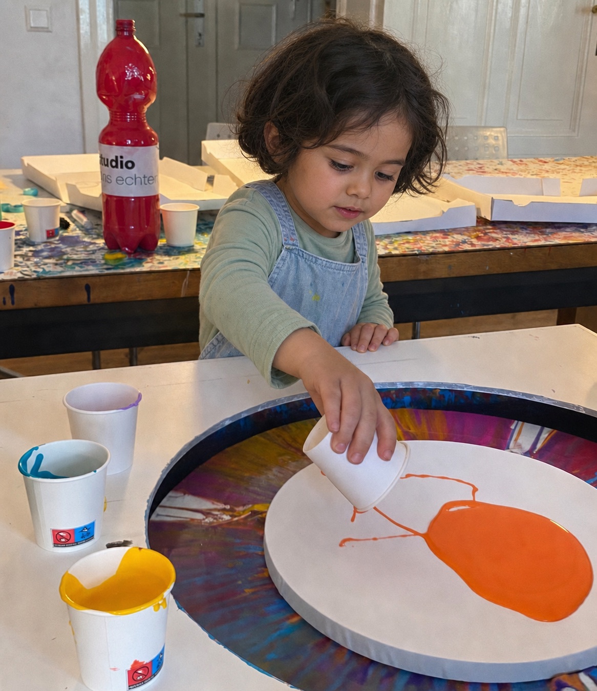 Kind gibt orange Farbe auf eine runde Leinwand der kleinen Spin-Art-Maschine