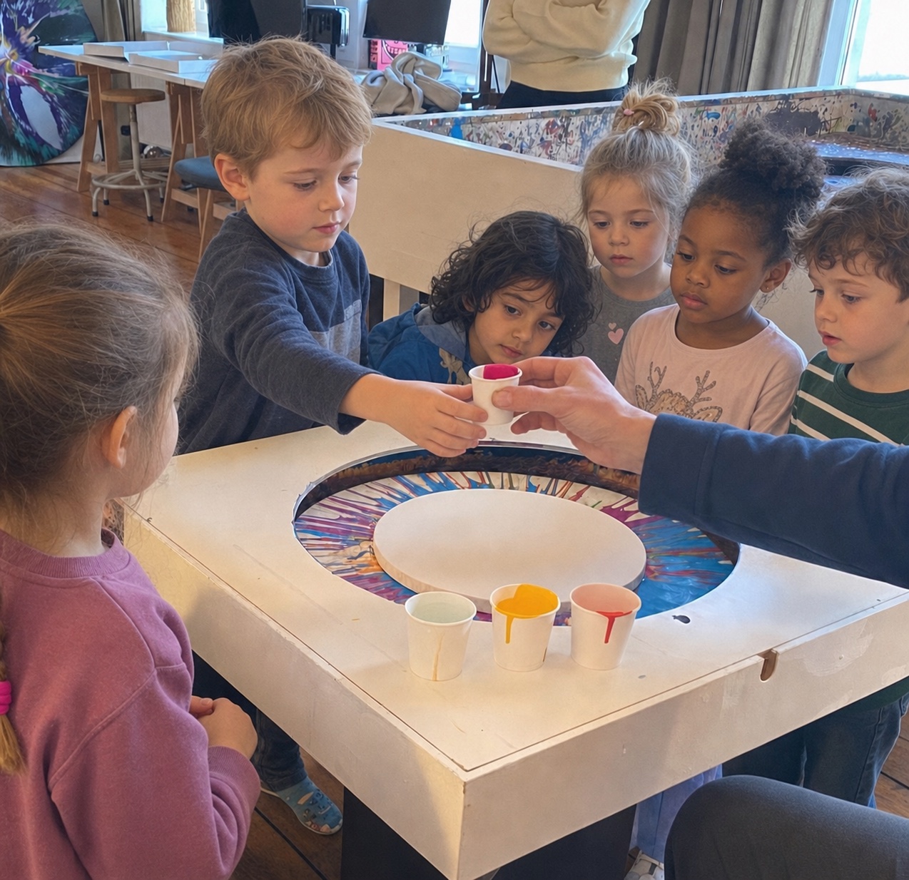 Kindergruppe gestaltet gemeinsam ein Spin Painting im Berliner Studio