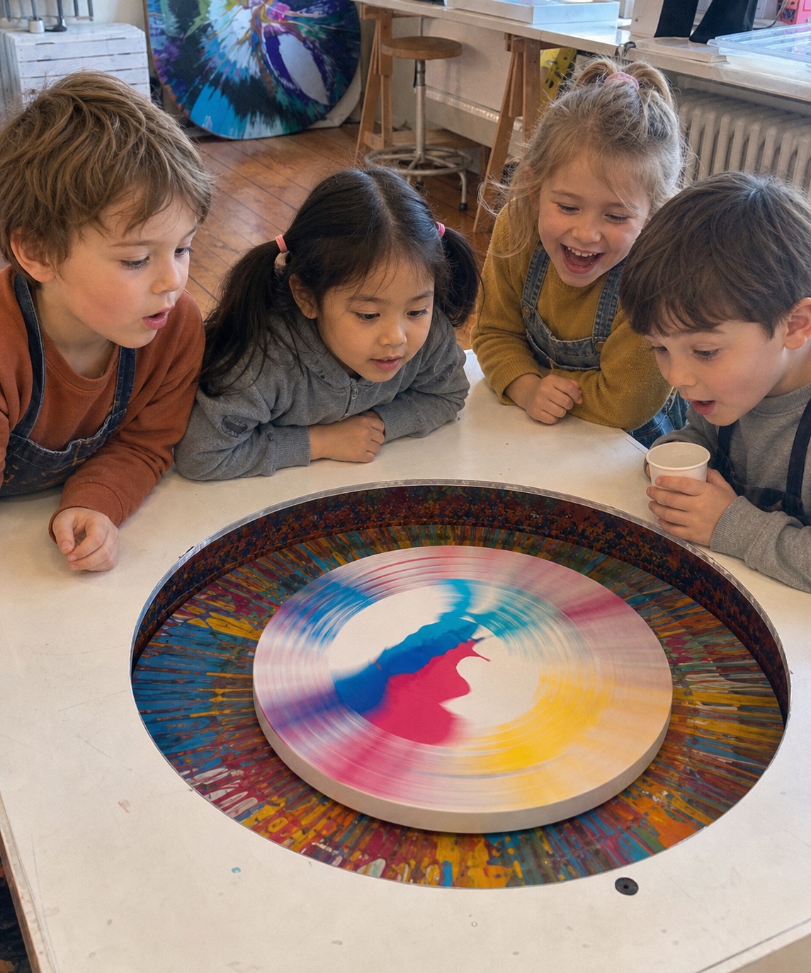 Vier Kinder reagieren mit Staunen, Freude und Konzentration auf ein rotierendes Spin Painting