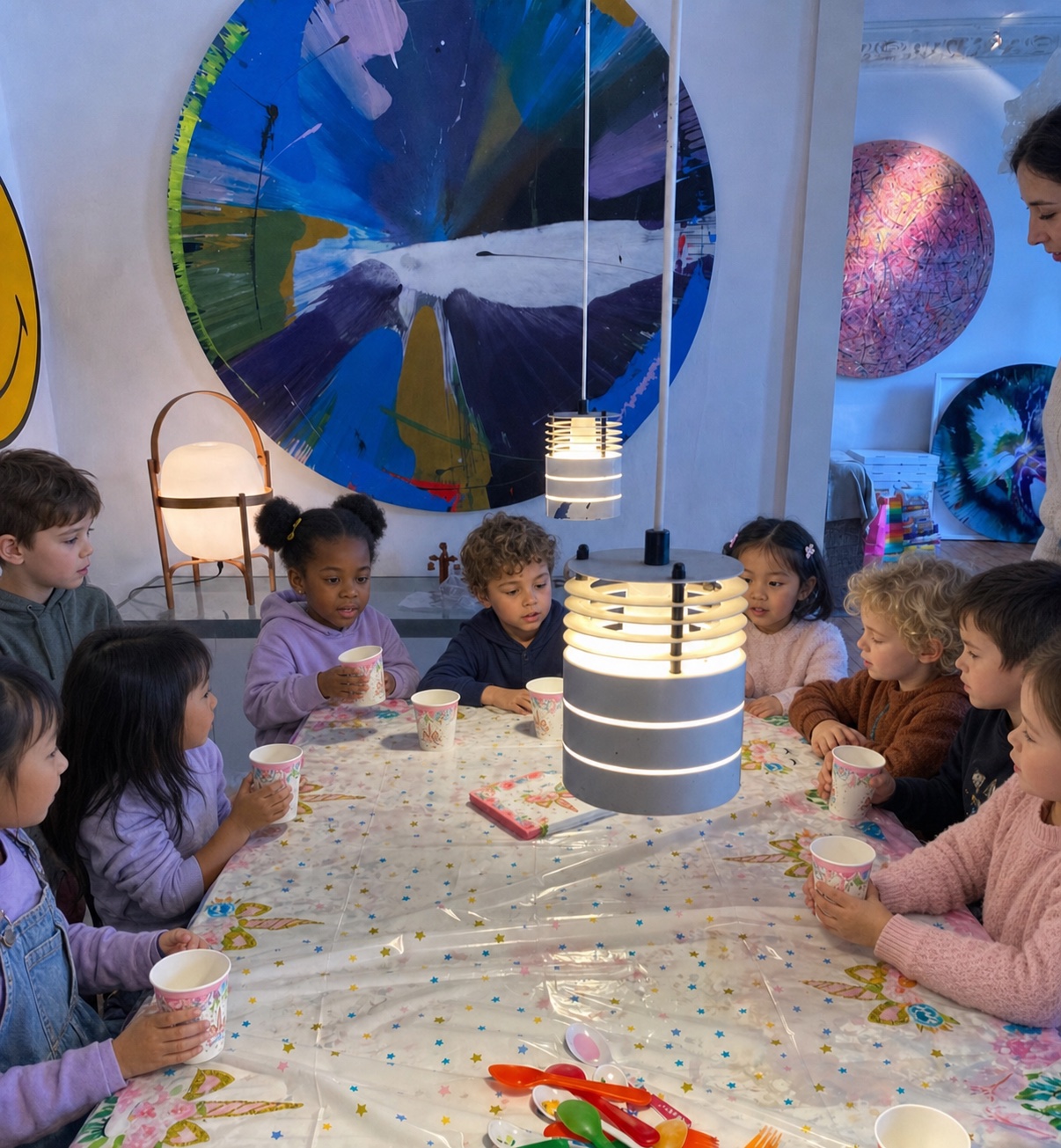 Kinder sitzen gemeinsam am Geburtstagstisch im Studio Jans Echternacht