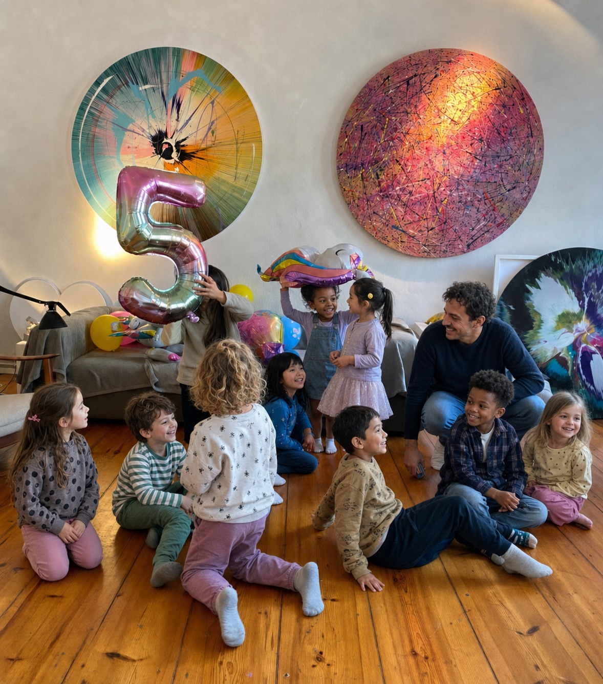 Fröhliche Kindergruppe bei einem Kunstgeburtstag im Studio