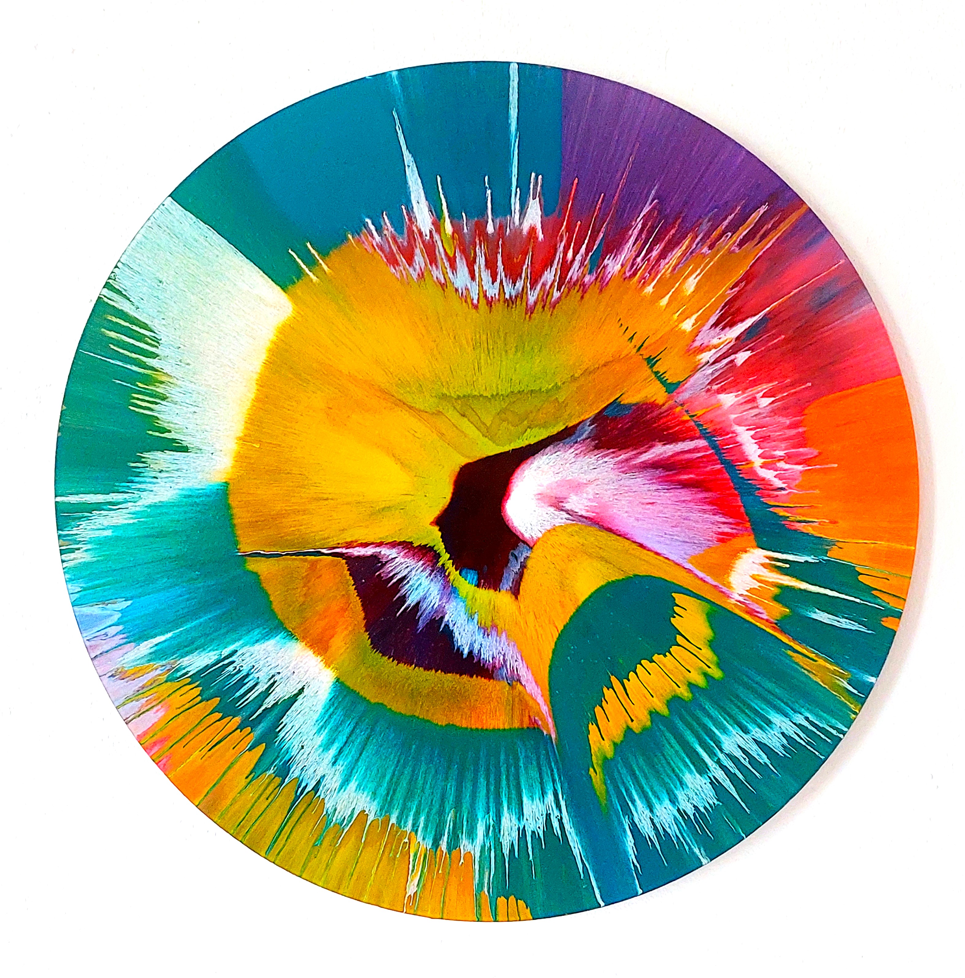 Round spin painting in turquoise, yellow, orange and pink