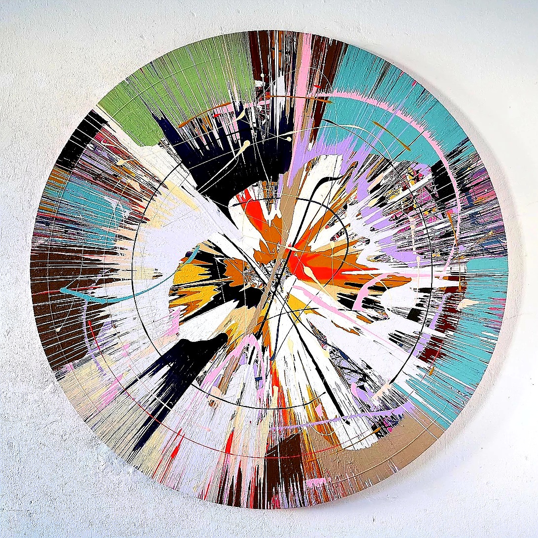 Round original with graphic lines of colour