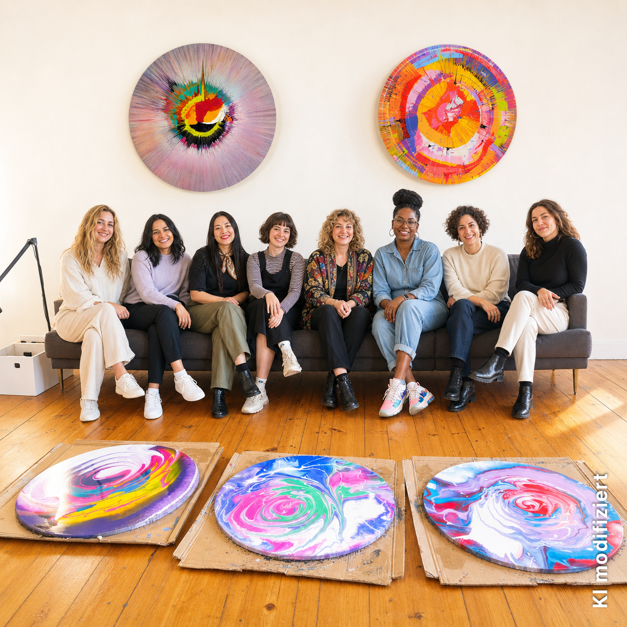 Team mit drei gemeinsam gestalteten Spin Paintings