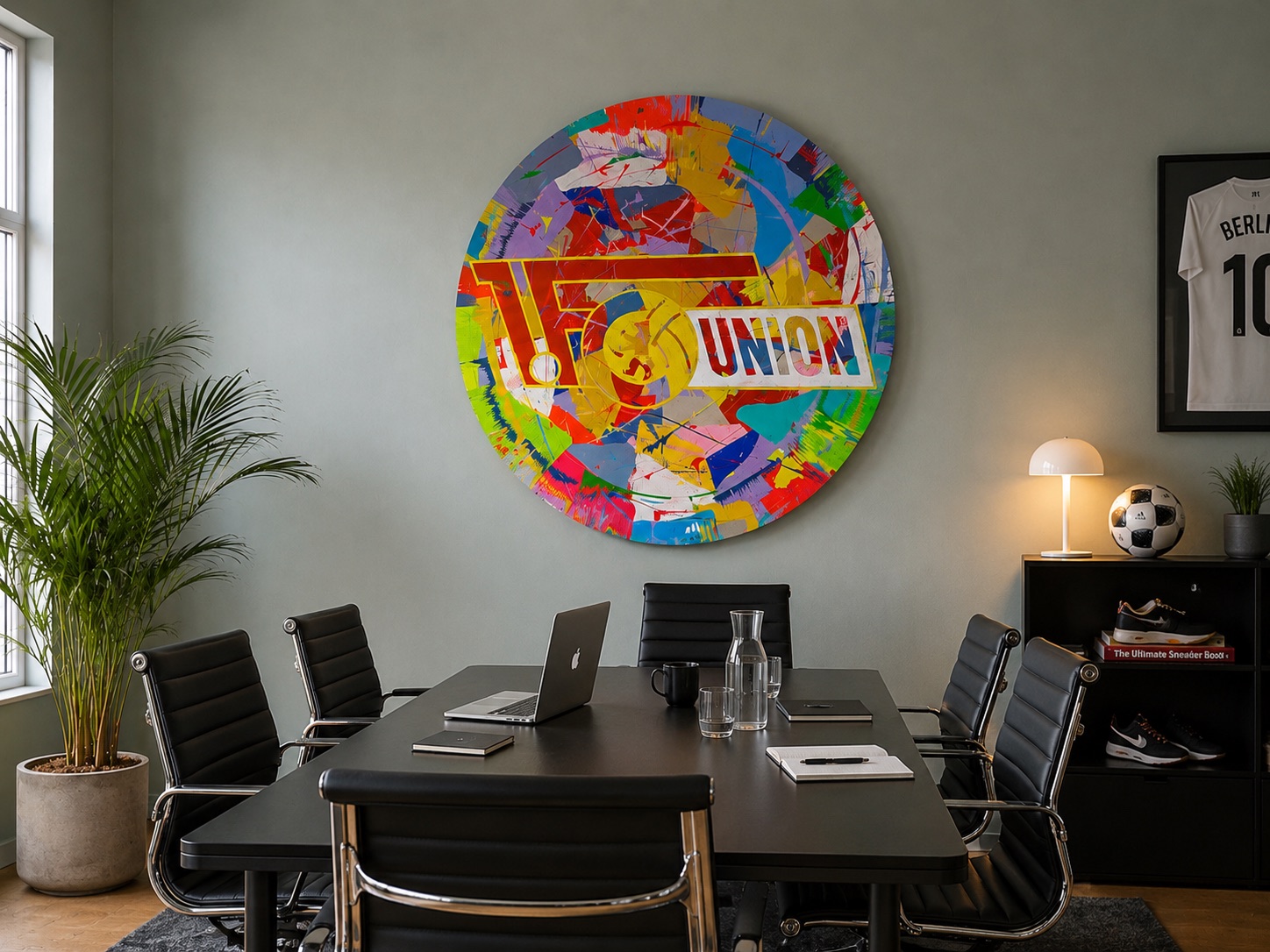 Rundes Spin Art Kunstwerk mit Vereinsemblem in einem Besprechungsraum
