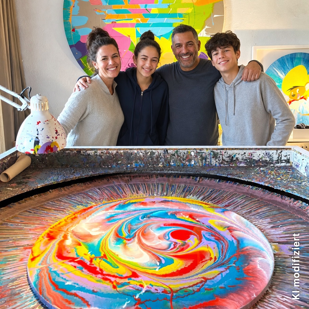 Familie hinter ihrem farbenfrohen 80-cm-Spin-Painting im Studio Jans Echternacht