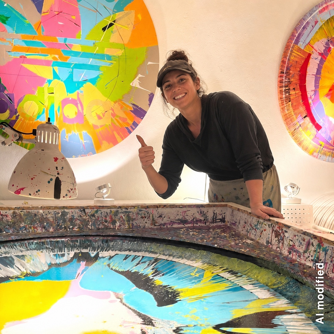 Participant behind a colourful spin painting in the studio