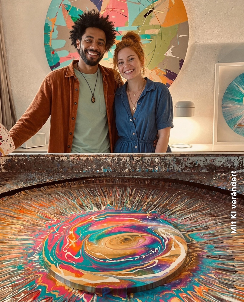 Paar hinter seinem gemeinsam gestalteten Spin Painting