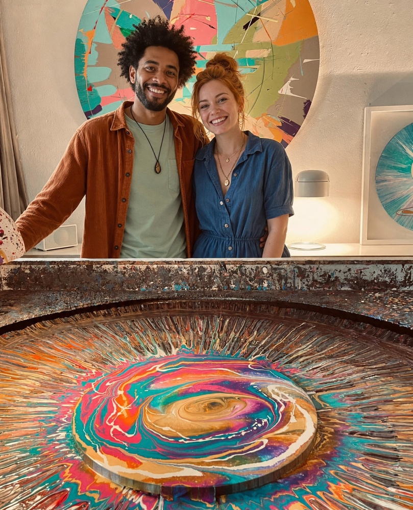 Paar hinter seinem gemeinsam gestalteten Spin Painting