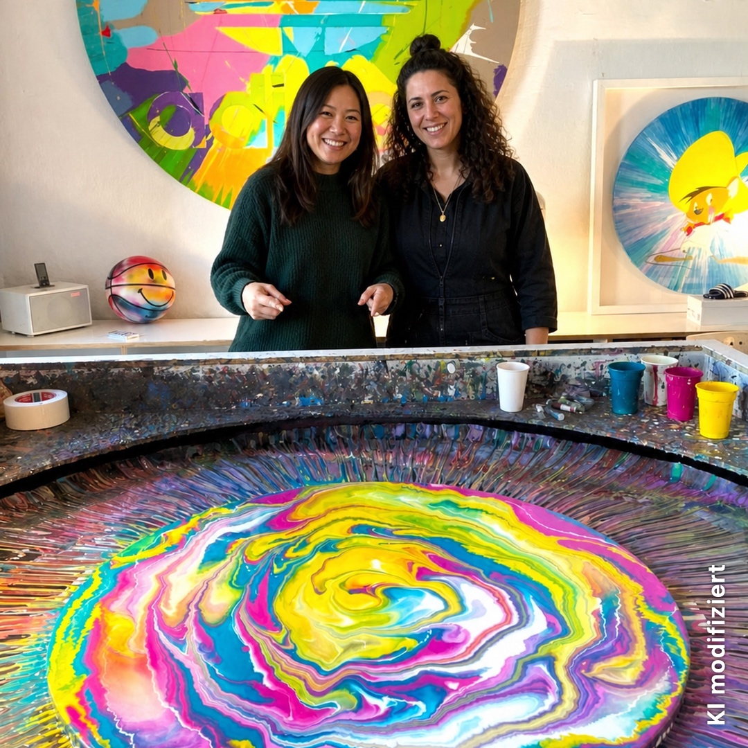 Zwei Teilnehmerinnen hinter ihrem farbenfrohen Spin Painting