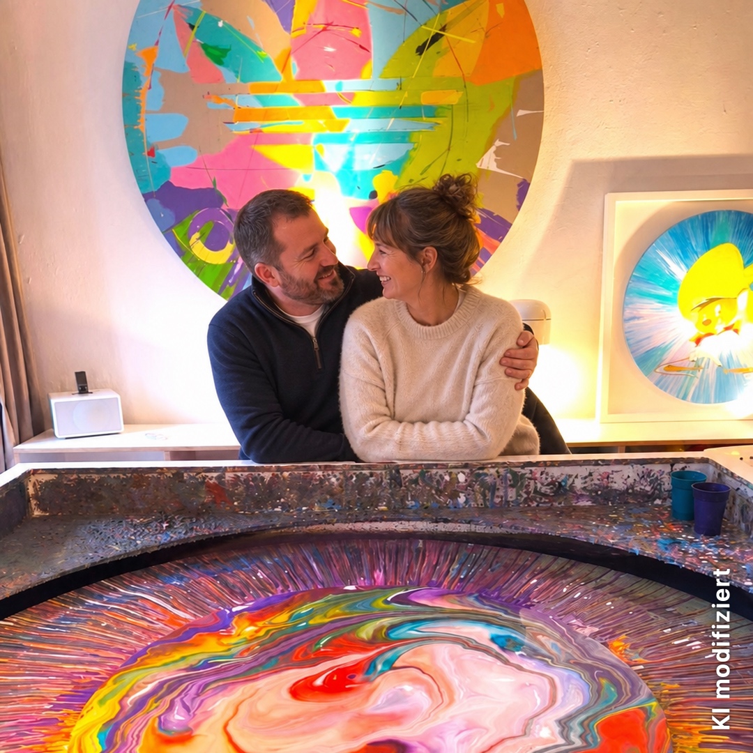 Paar hinter seinem gemeinsam gestalteten Spin Painting