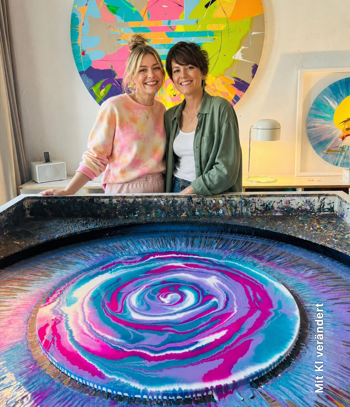 Zwei Freundinnen mit ihrem pink-türkisen Spin Painting im privaten Workshop