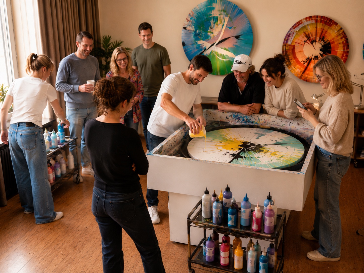 Teilnehmende bei einem Spin Painting Workshop