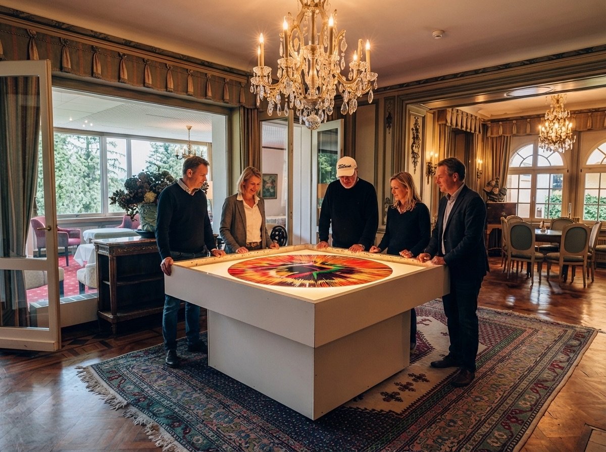 Gruppe mit Jans Echternacht um ein leuchtendes Spin-Painting im Salon des Hotel Schloss Ragaz